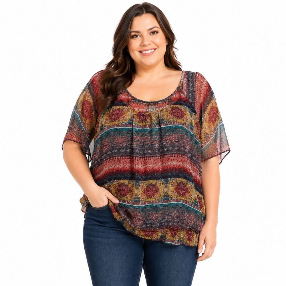 Maurices 2X Boho Peasant Sheer Floral Blouse Top